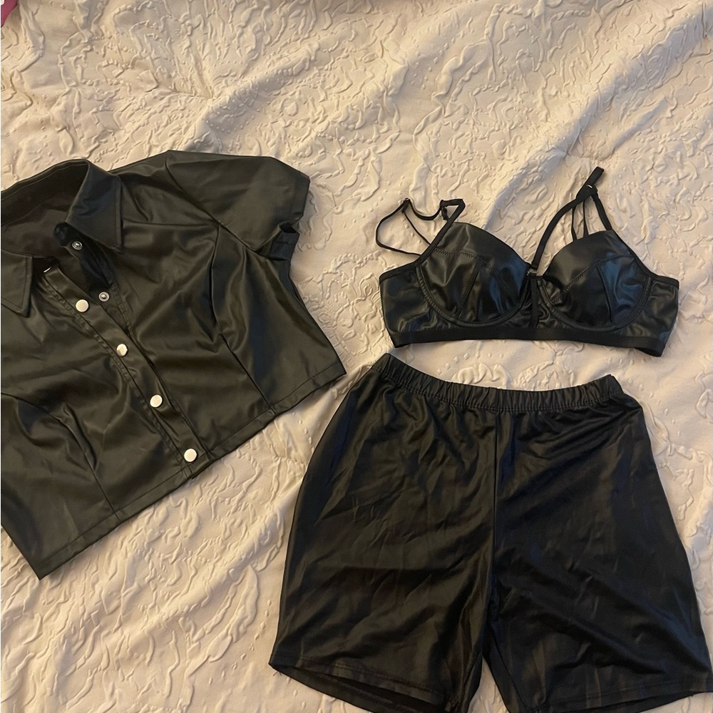 Black Faux Leather Three-Piece Set